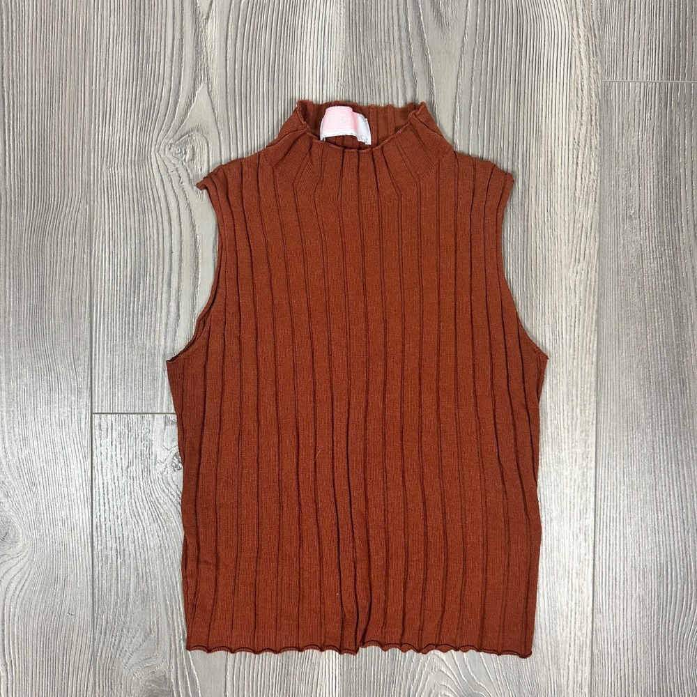 Brown Ribbed Knit Mock Neck Cropped Tank Top - SIZE L Fall Layers